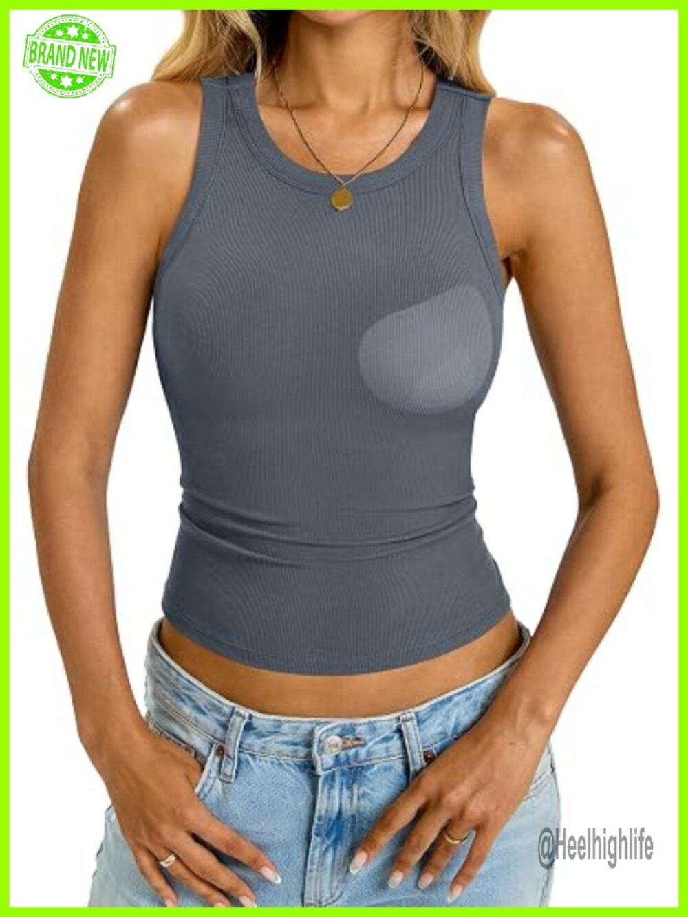 Women's Ribbed High Neck Tank Top with Built-in Shelf Bra and Removable Pads